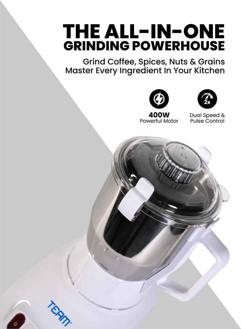 تيم TEAM Electric Coffee Grinder 400W | 2-Speed with Pulse Function | Stainless Steel Blades | 400g Capacity for Coffee Beans, Nuts & Dry Ingredients - Image 3